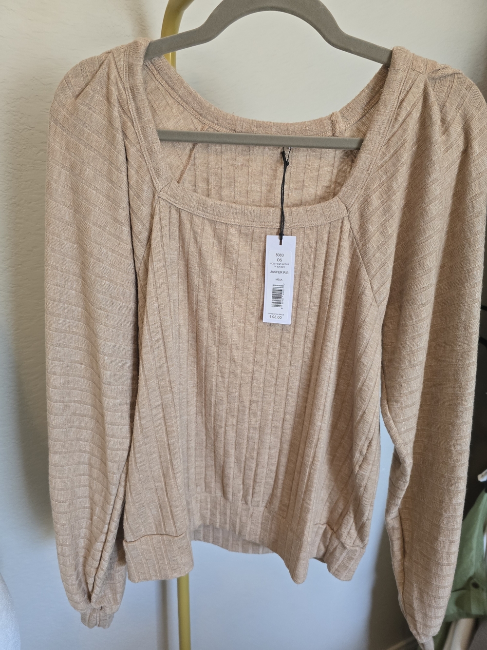 Michael Stars Ribbed Square-Neck Long Sleeve Top OS Fits S/M